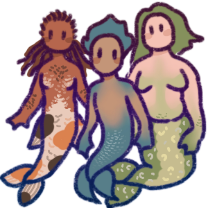  three merfolk, all with different features and traits. They have fish tails and webbed hands